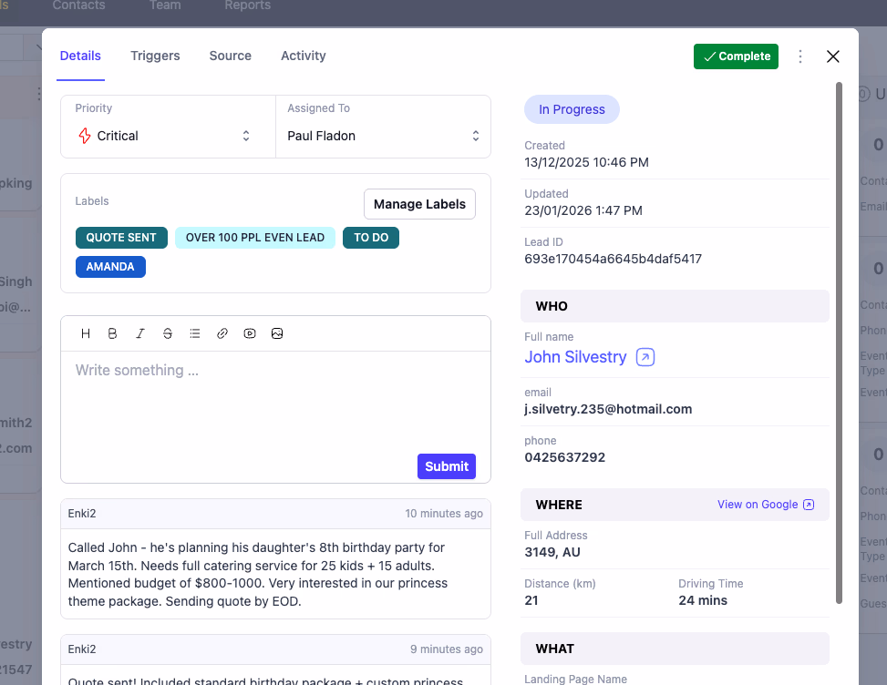 Leadveyor lead detail view with AI-scored contact information and parsed lead data