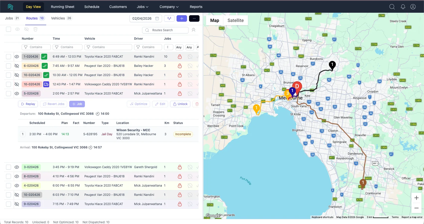 Routizer Day View with routes, vehicles and drivers listed beside a map of Melbourne