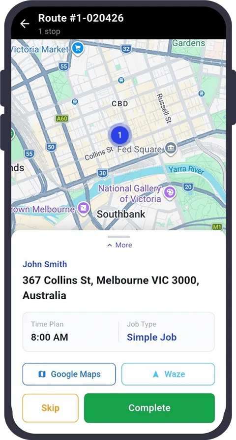 Routizer driver app showing a stop on Collins St, Melbourne with Google Maps, Waze, Skip and Complete buttons
